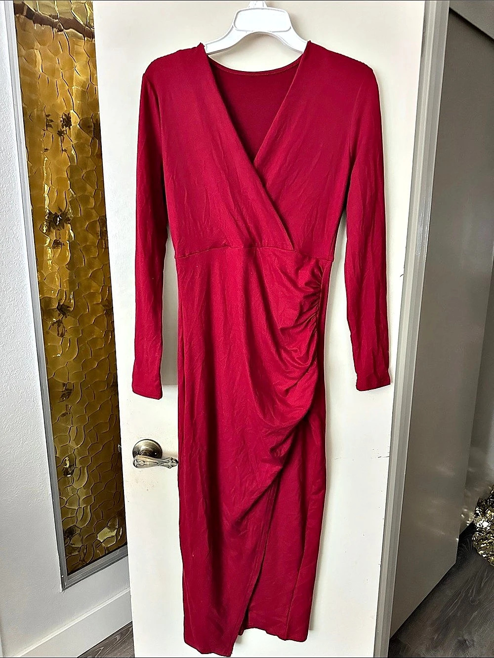 SHEIN Long Sleeve Wrap Ruched Midi Dress Red Medium